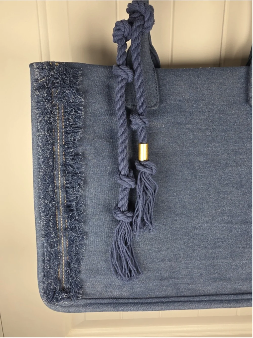 Vince Camuto Orla Denim Tote Bag Blue Fringe Tassel Large Boho Handbag